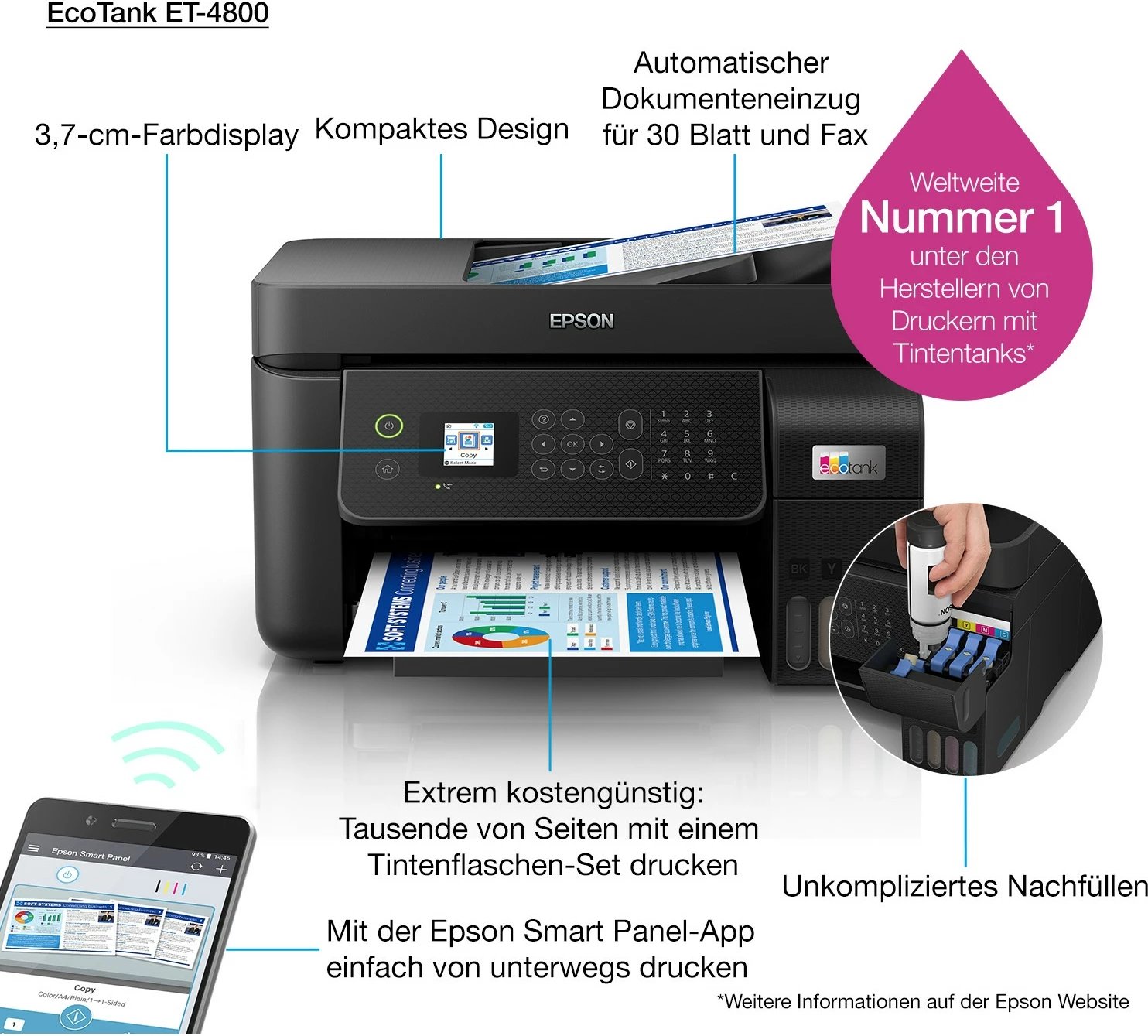Printer multifunksional Epson EcoTank ET-4800, ngjyrë, A4, Wi-Fi, me skaner dhe faks, e zezë