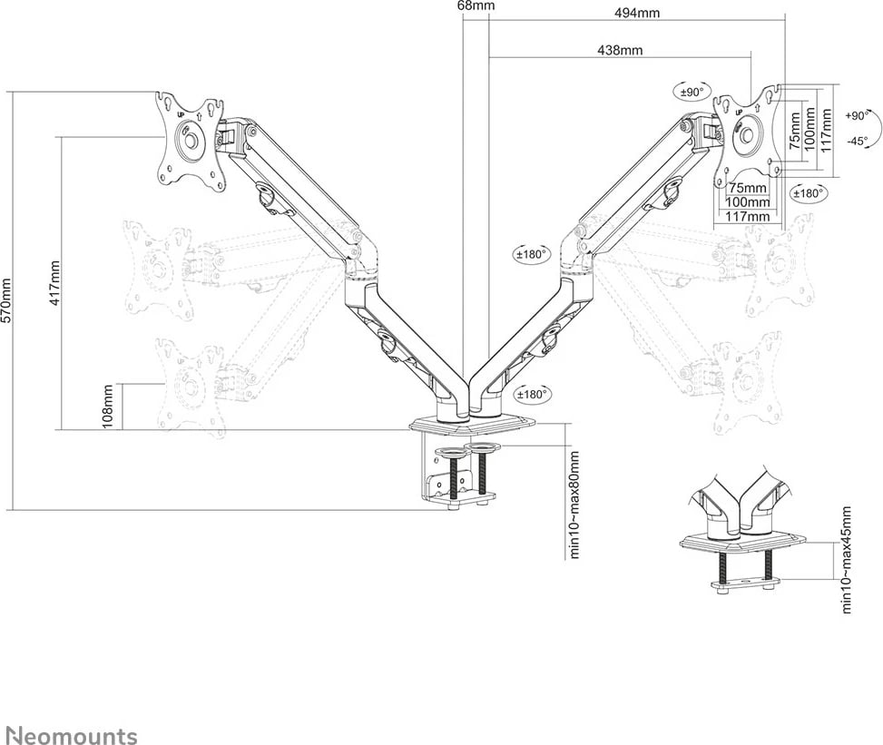 Kasë monitori Neomounts FPMA-D650DBLACK, për 2 ekrane, 17-27 inç, rregullim lartësie, ngjyrë e zezë