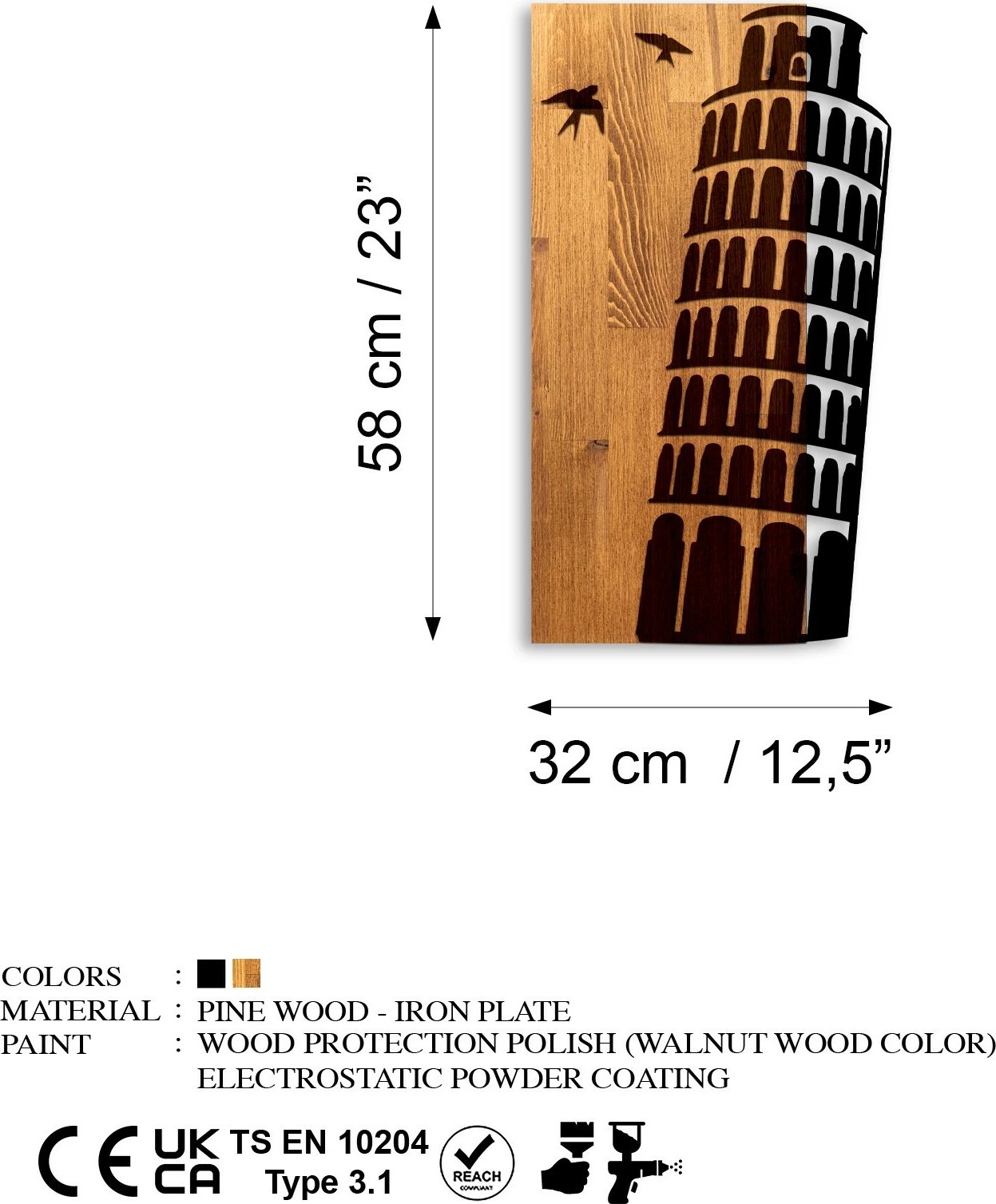 Aksesor dekorativ për mur, dru dhe metal, Kulla e Pizës, ngjyrë arre dhe e zezë