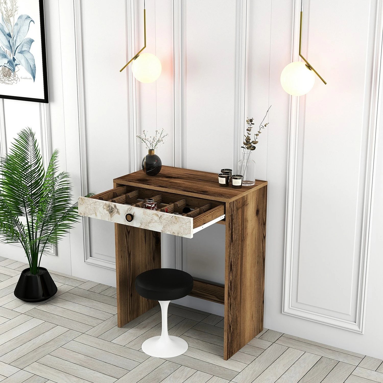 Tavolinë grimimi Hanah Home, Lizbon, ngjyrë arre, e bardhë, mermer