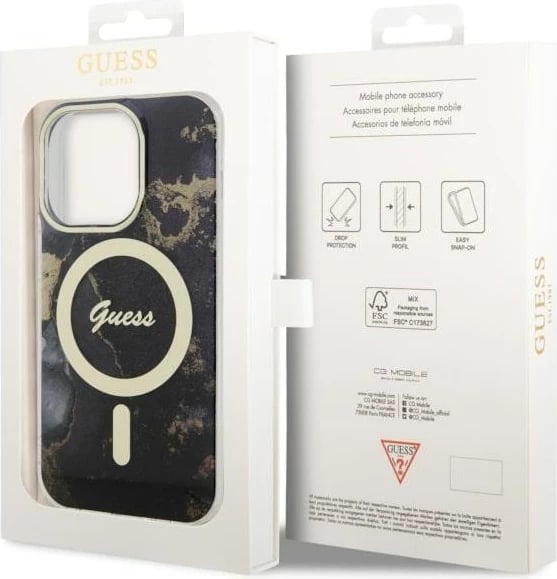 Mbështjellës Guess GUHMP14XHTMRSK për iPhone 14 Pro Max 6.7", Golden Marble, MagSafe, zi