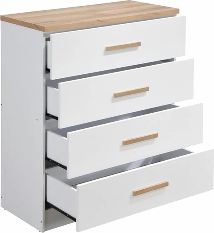 Komodë me 4 sirtarë, ngjyrë natyrale dhe e bardhë, 80x40x99