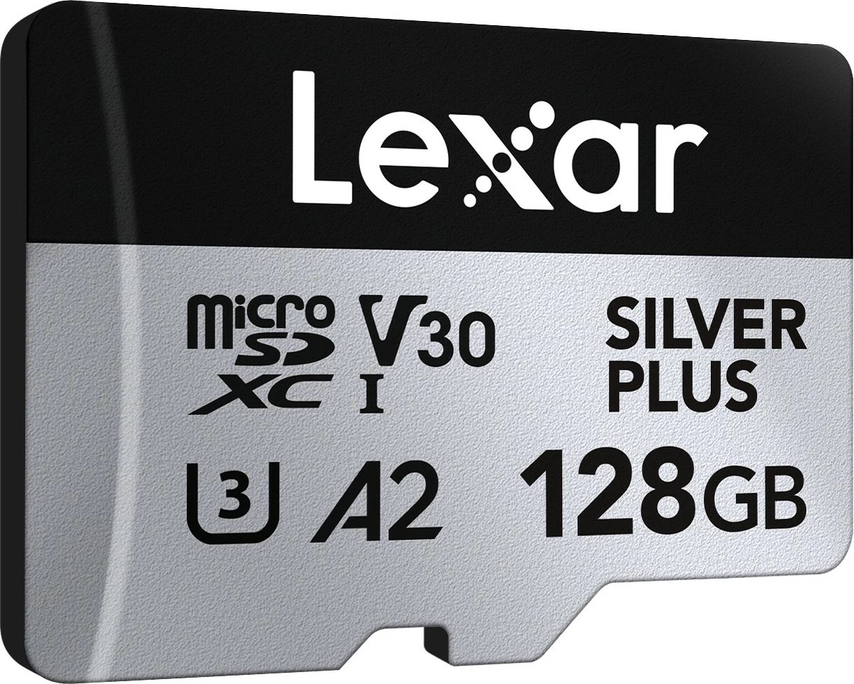 Kartë memorie microSD, Lexar, Silver Plus LMSSIPL128G-BNANG, 128GB UHS-I A2 U3 V30 205/150MB/s, me adaptues SD, argjendtë