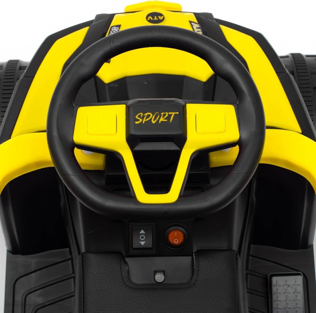 ride-on elektrik katërrrotësh Baby Mix Ruggy 6V 18W me shufër udhëzuese, kapacitet 30 kg, e verdhë