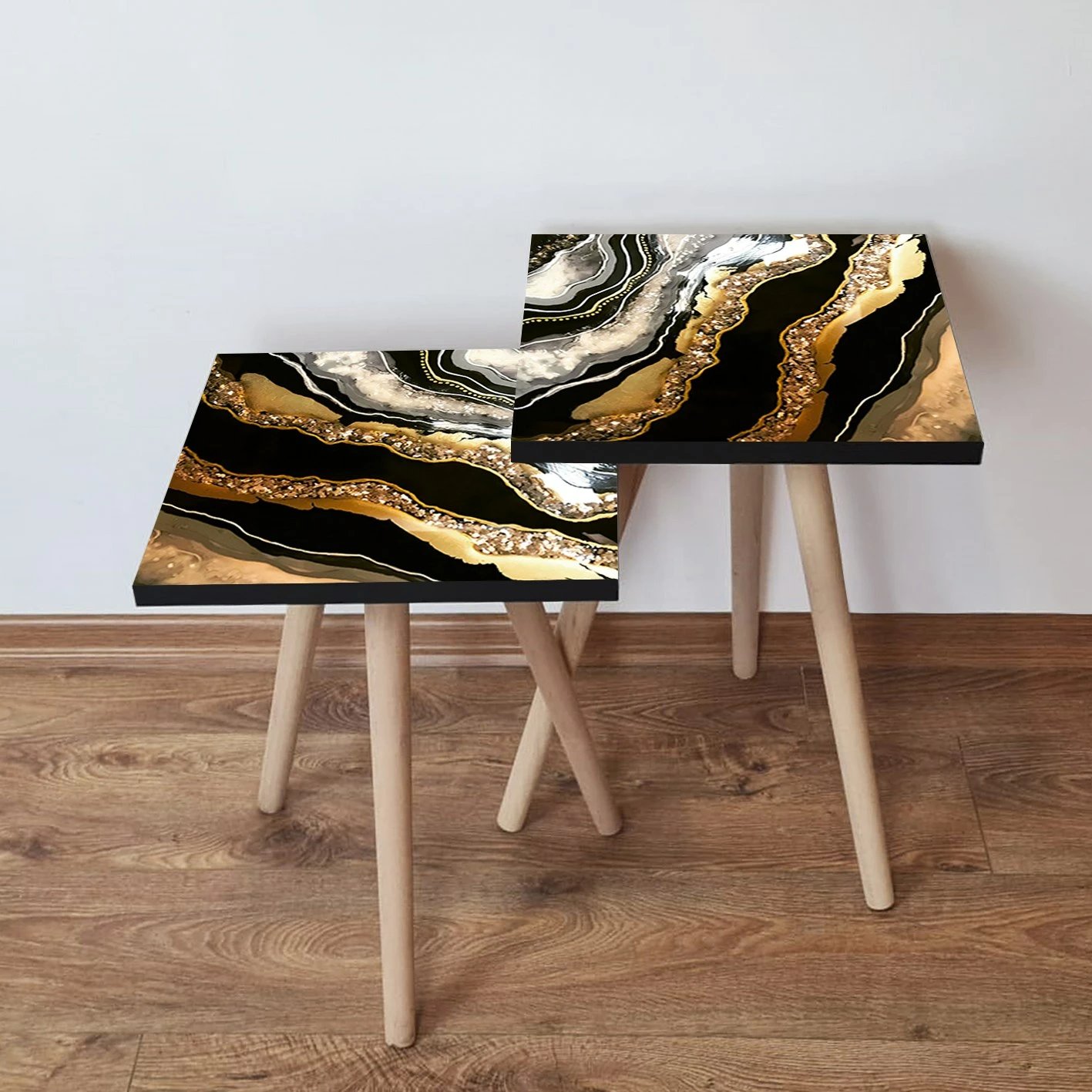 Set tavolina ndihmëse, dy copë, Skye Decor, e zezë, e bardhë, ari, 2Shp292