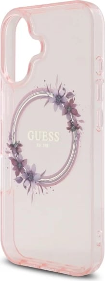 Mbështjellës Guess IML Flowers Wreath MagSafe për iPhone 16, Rozë Mbështjellës Guess IML Flowers Wreath MagSafe për iPhone 16, Rozë