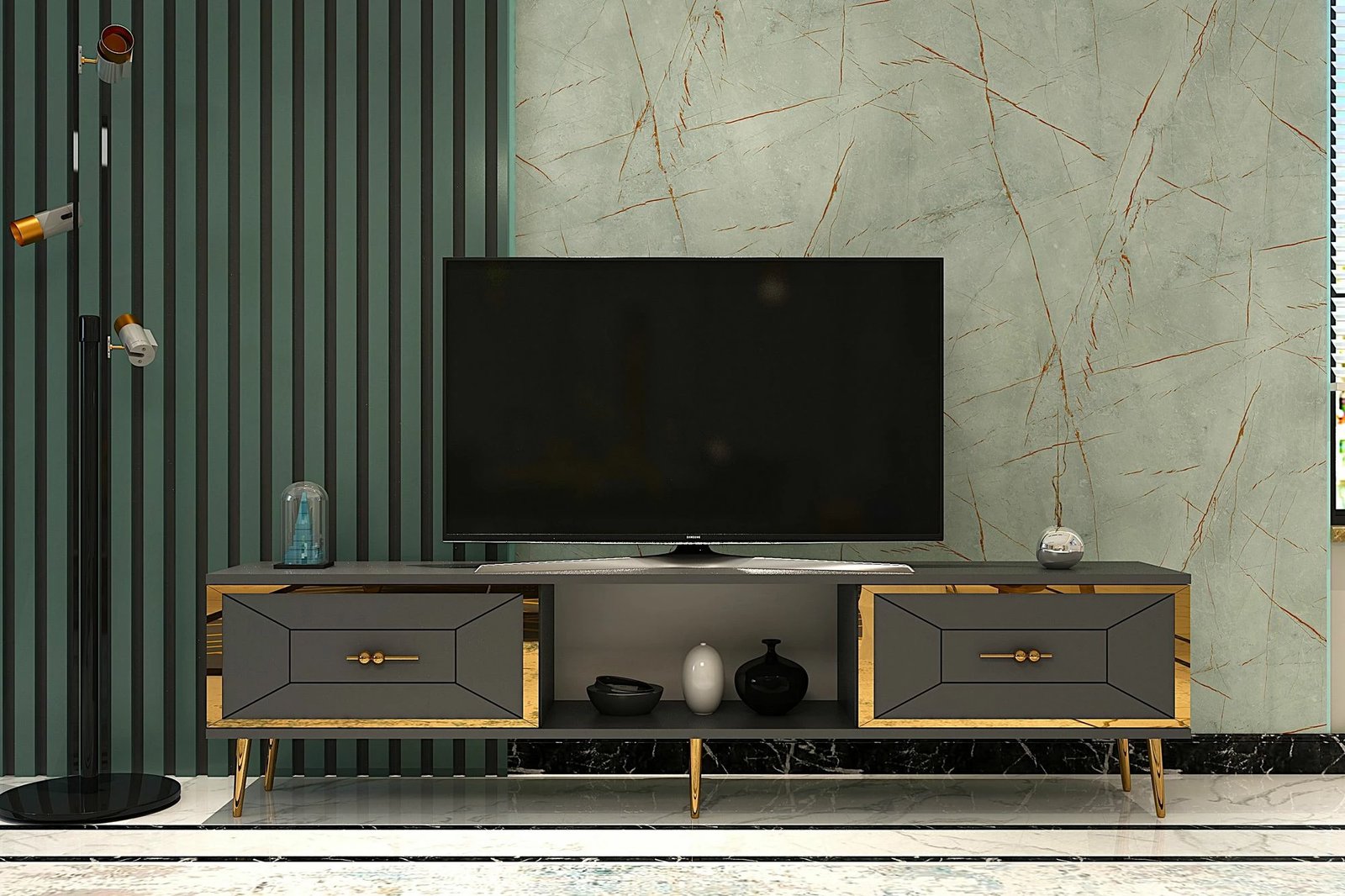 Komodë TV Skye Decor, ngjyrë antracit, ar, 150x40.6x29.6cm