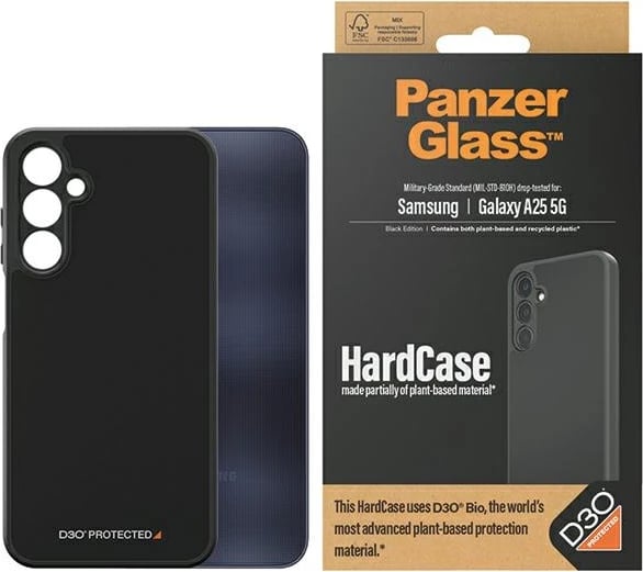 Mbështjellës PanzerGlass HardCase për Samsung Galaxy A25 5G, D3O Bio, i zi dhe transparent