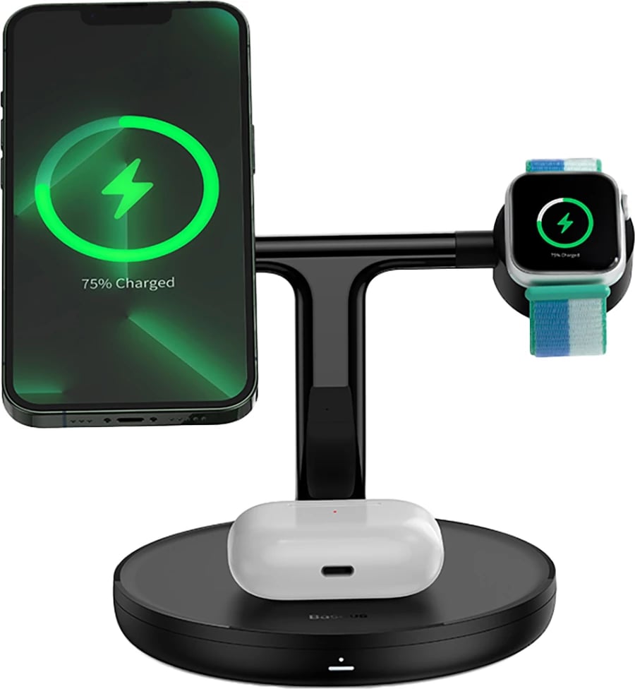 Karikues wireless 3-në-1 Baseus Swan me MagSafe, për iPhone, Apple Watch, AirPods, 1m USB-C, Zi