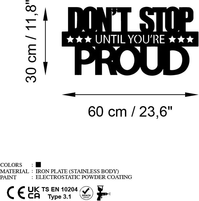 Aksesor dekorativ metalik për mur, Wallity, Don't Stop Until You're Proud, ngjyrë e zezë, 60x30cm