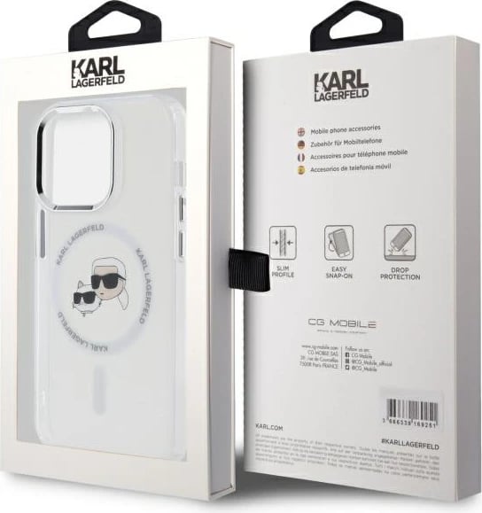 Mbështjellës Karl Lagerfeld IML Metal Karl & Choupette Head MagSafe për iPhone 14 Pro Max, Bardhë