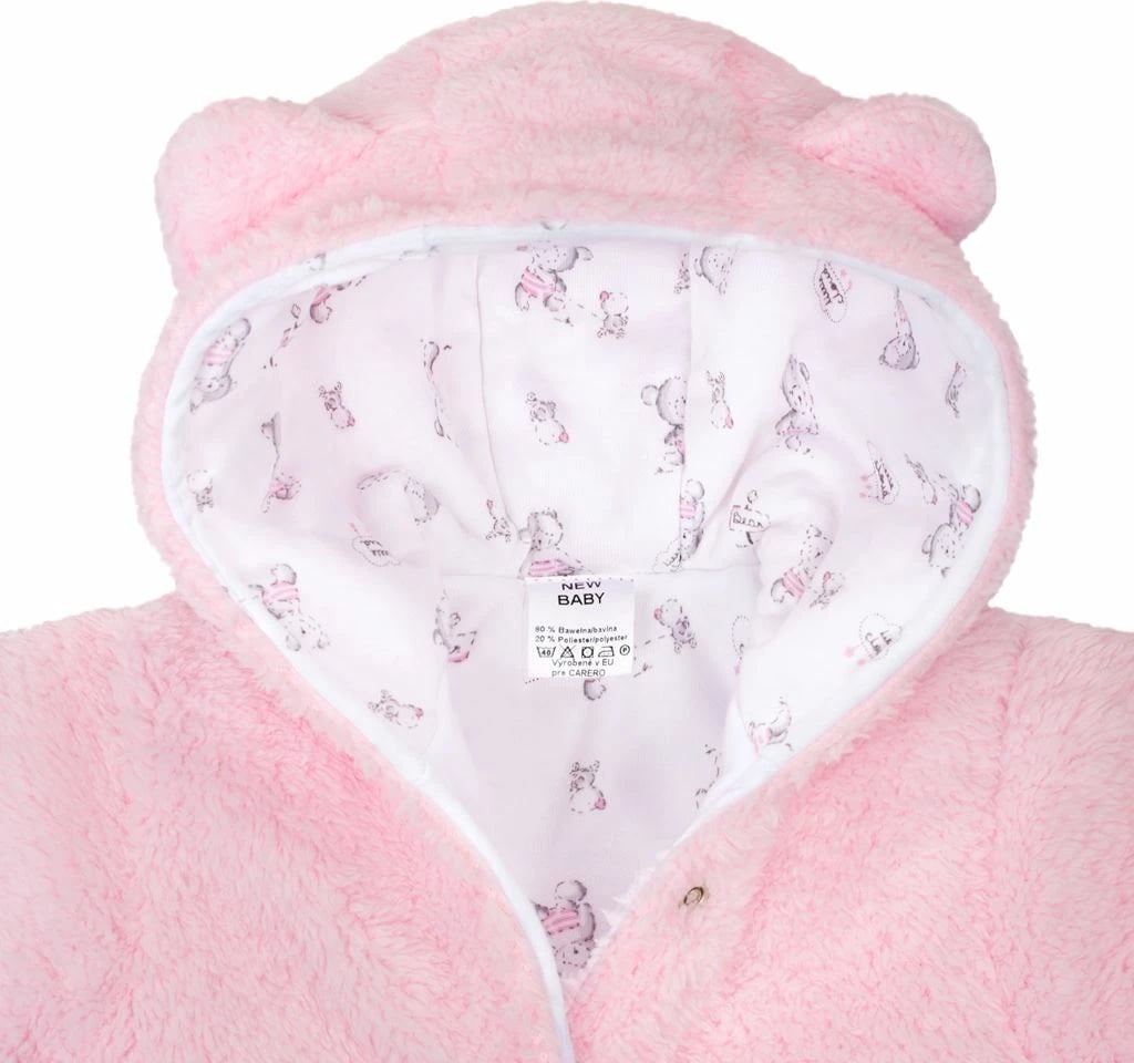 kombinezon dimri bebe NEW BABY Nice Bear 74 (6-9m) me kapuç me veshë, doreza, mbushje anti-alergjike, rozë