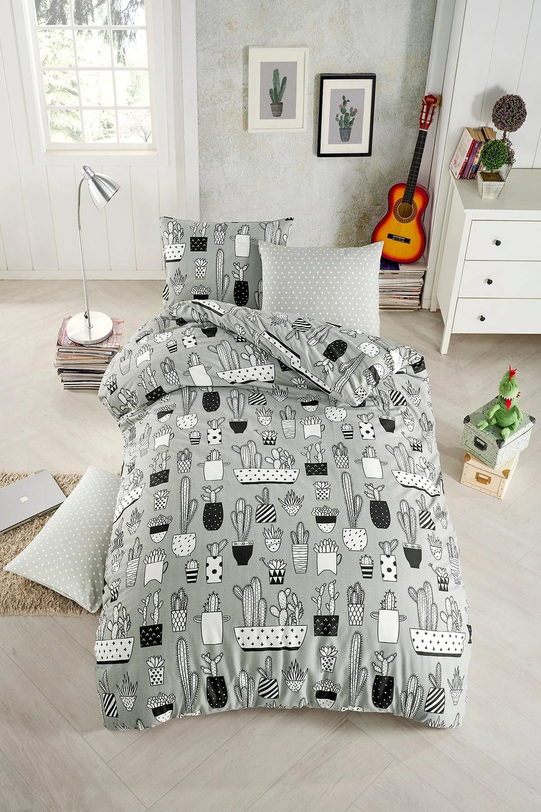 Set mbulesë jorgani Single XXL, L'essentiel, dizajn kaktusi, gri/zi/bardhë