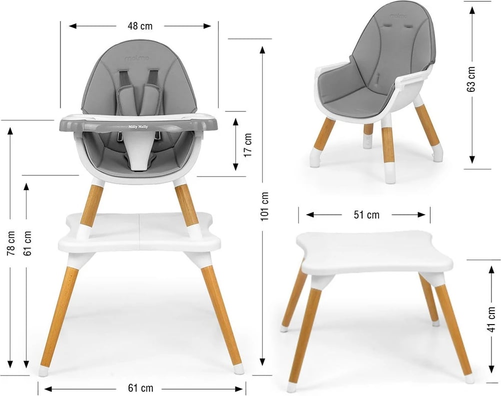 Karrige ngrënie 2‑në‑1 për fëmijë, Milly Mally, Malmo, konvertim karrige e lartë/karrige e ulët + tavolinë, rrip 5‑pikësh, tabaka e heqshme, dru ahu, eco‑lëkurë, gri