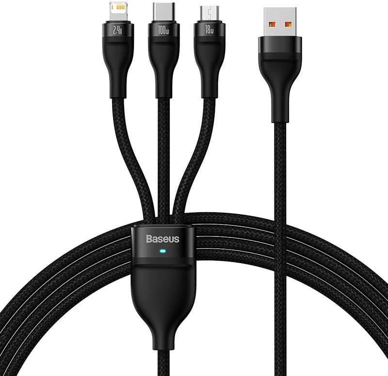 Kabllo 3-në-1 Baseus Flash Series, 1.2m, 100W, USB-C + micro USB + Lightning, e zezë Kabllo 3-në-1 Baseus Flash Series, 1.2m, 100W, USB-C + micro USB + Lightning, e zezë
