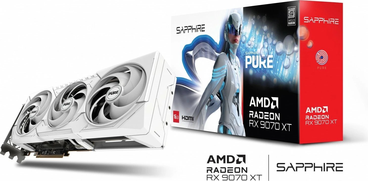 Kartelë grafike Sapphire Radeon RX 9070 XT PURE, 16GB GDDR6, 256-bit, e bardhë