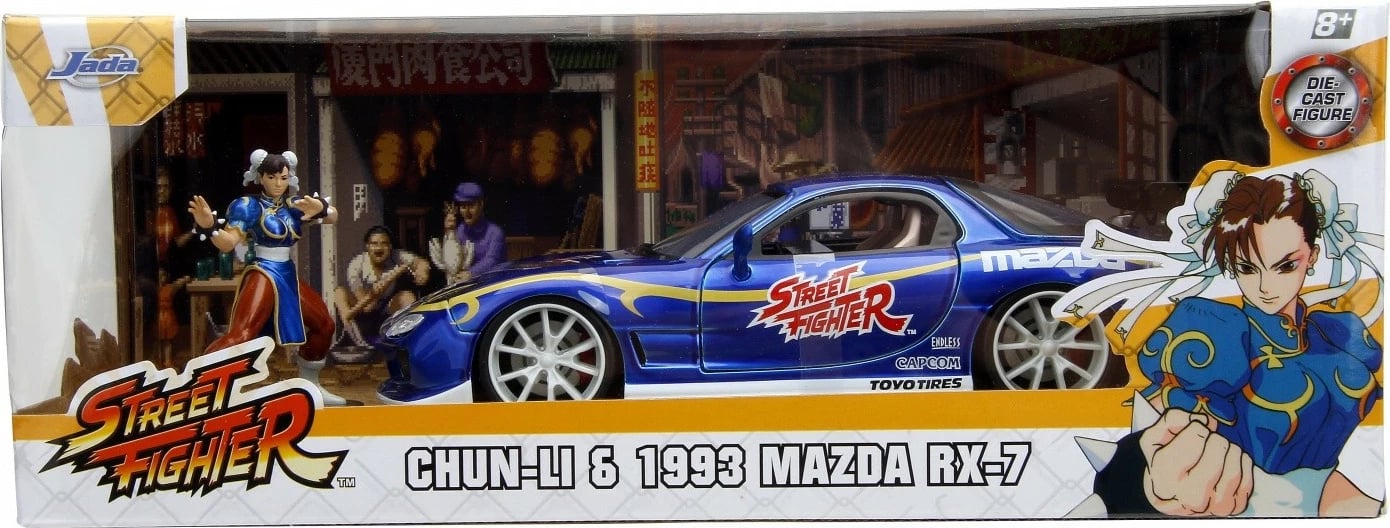 Model makine JADA TOYS Street Fighter 1993 Mazda RX7 1:24 me figurë Chun-Li, Blu, set