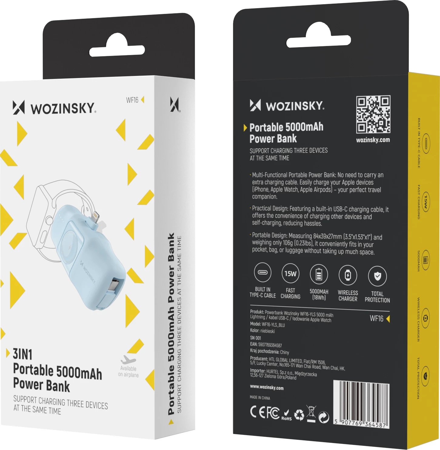Powerbank Wozinsky WF16-YLS, 5000mAh, 15W, me kabllo USB-C të integruar dhe karikues për Apple Watch, Blu