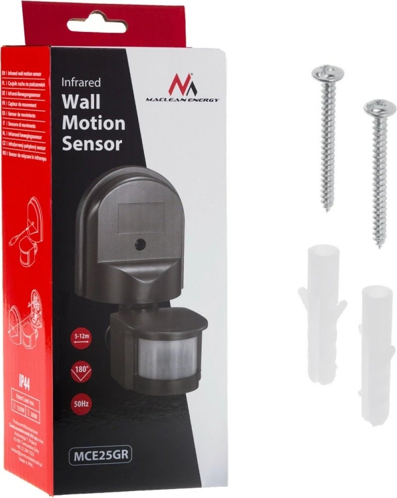 Sensor lëvizjes dhe muzgut, Maclean MCE25GR, 180°, 5-12 m, IP44, e zezë