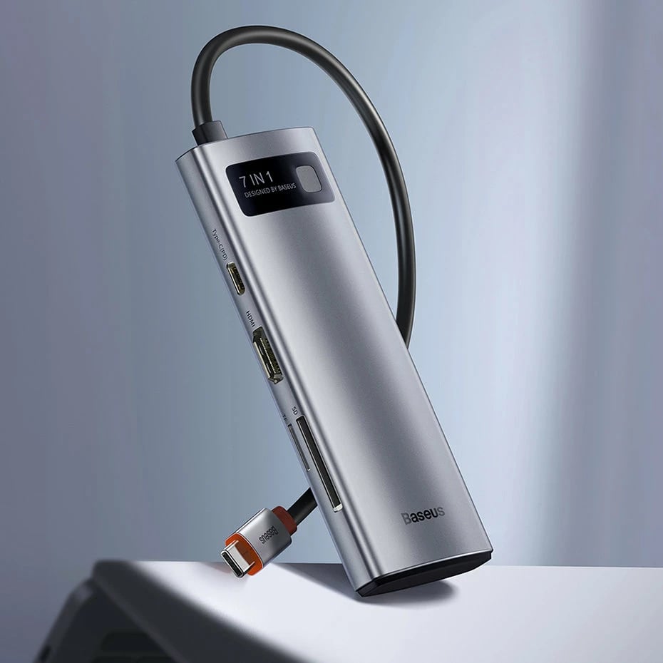 Kasë USB HUB Baseus Metal Gleam Series 7in1, USB-C, HDMI, TF, PD, Gri