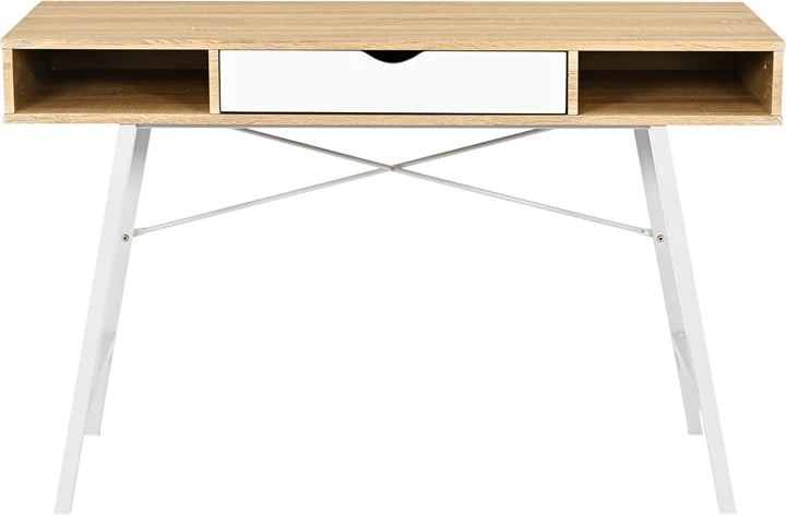 Tavolinë zyre Yamin, ngjyrë lisi me këmbë metalike të bardha, 120x48x76cm