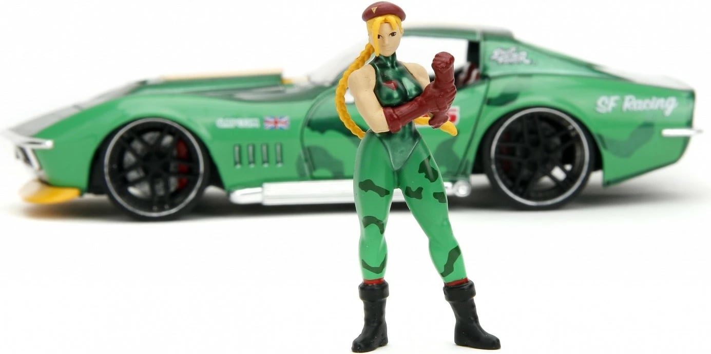 Veture lodër Jada Toys Street Fighter 1969 Chevrolet Corvette 1:24 me figurë Cammy, Gjelbër/Verdhë