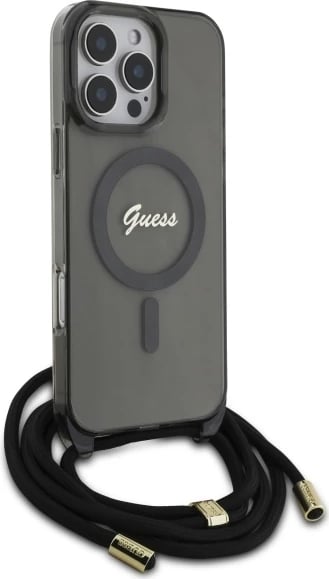 Mbështjellës Guess Crossbody Cord Script MagSafe për iPhone 16 Pro Max, i zi