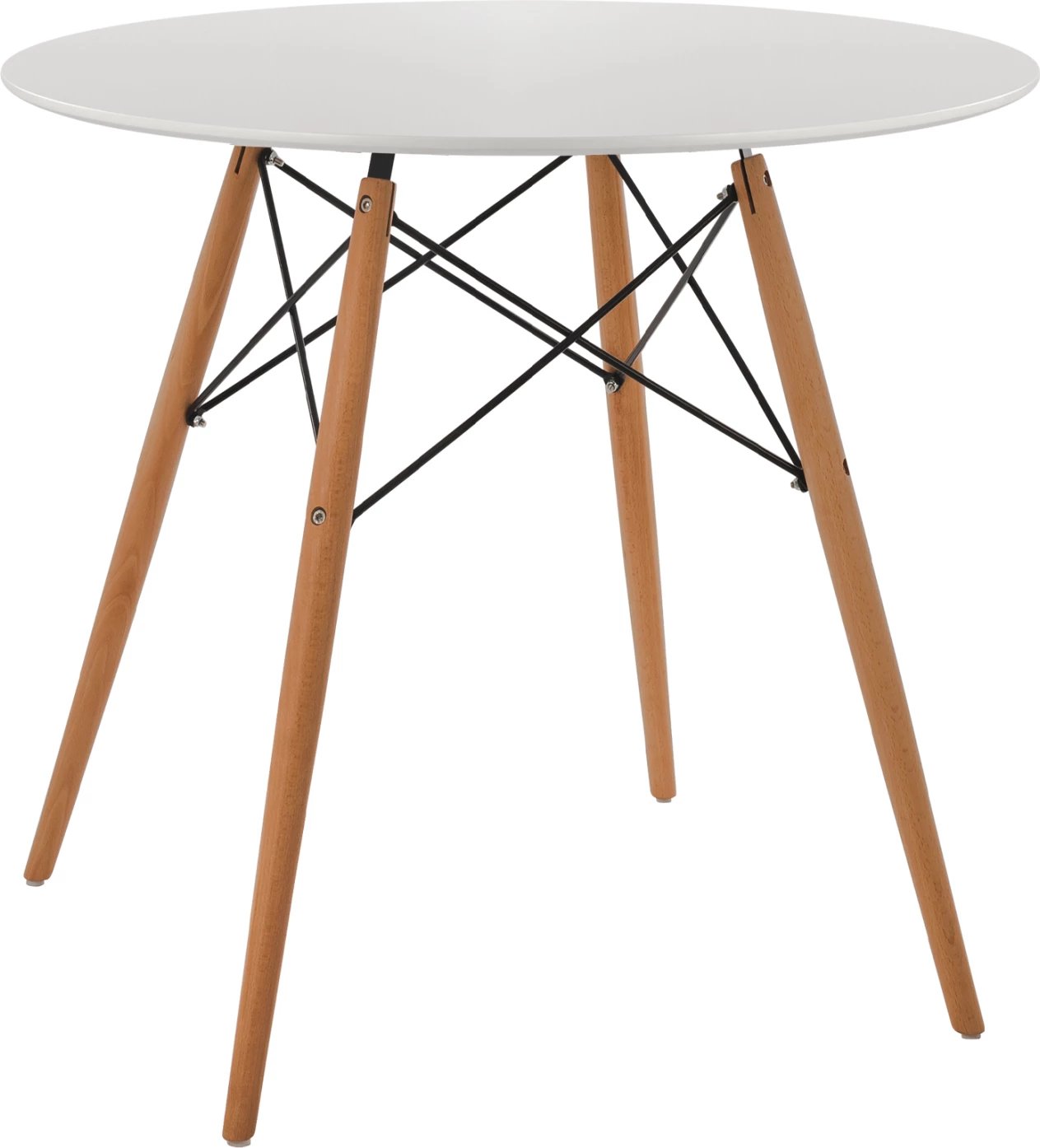 Tavolinë e rrumbullakët për ngrënie, minimaliste, FH0059.01, MDF, ngjyrë e bardhë, këmbë druri ahu natyral, Φ80x72H cm