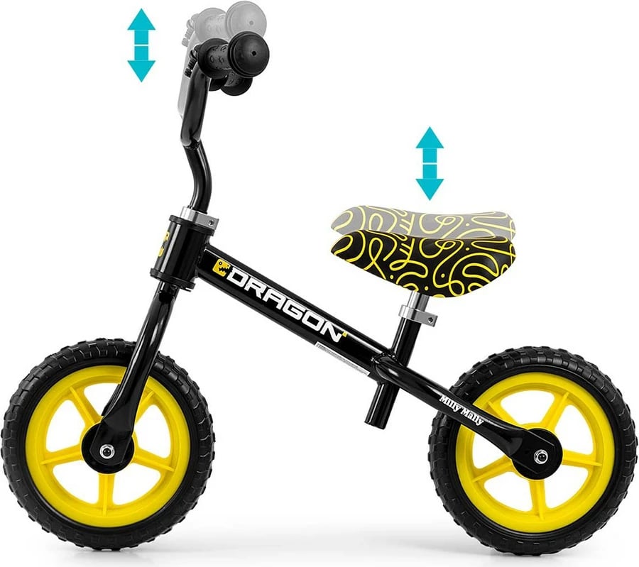 Biçikletë balancuese, Milly Mally, Dragon, rrota 10" shkumë, kornizë çelik e lehtë, timon/sedile të rregullueshme, zile, e zezë