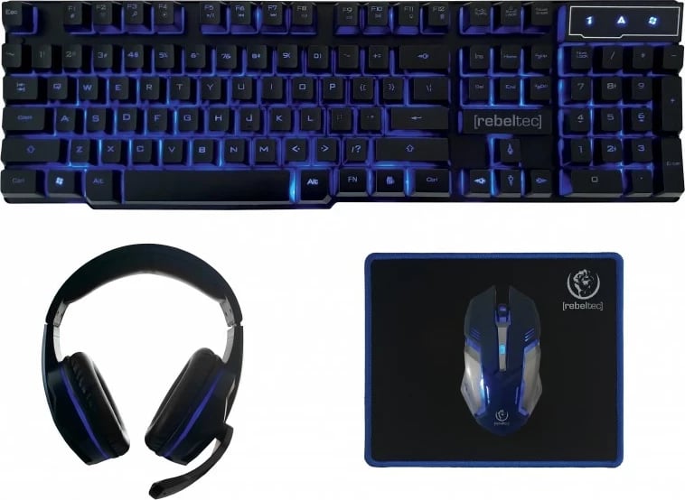 Set gaming Rebeltec SHERMAN, tastierë QZERTY, maus, kufje, USB, e zezë