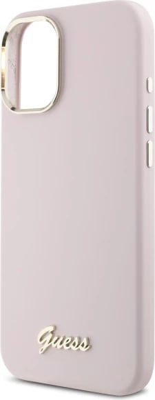 Mbështjellës Guess Silicone Script Metal Logo & Frame për iPhone 16, Rozë