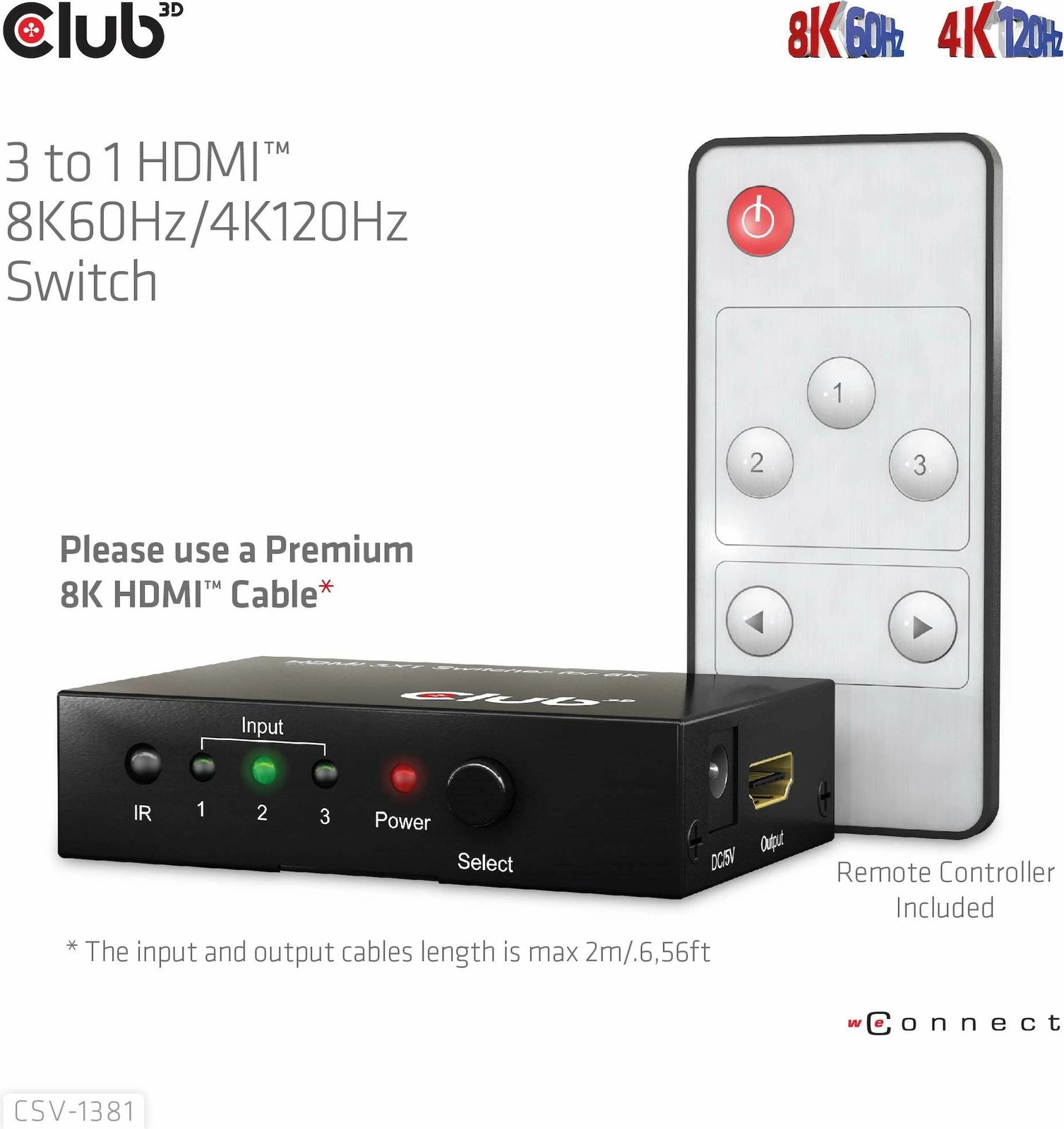Switch HDMI Club3D CSV-1381, 3 në 1, 8K60Hz, me telekomandë, i zi