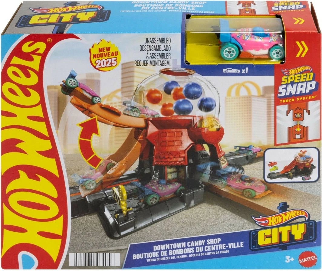 Set pistë veturash Hot Wheels City Shop Bubble Gum me makinë lodër 1:64, shumëngjyrëshe