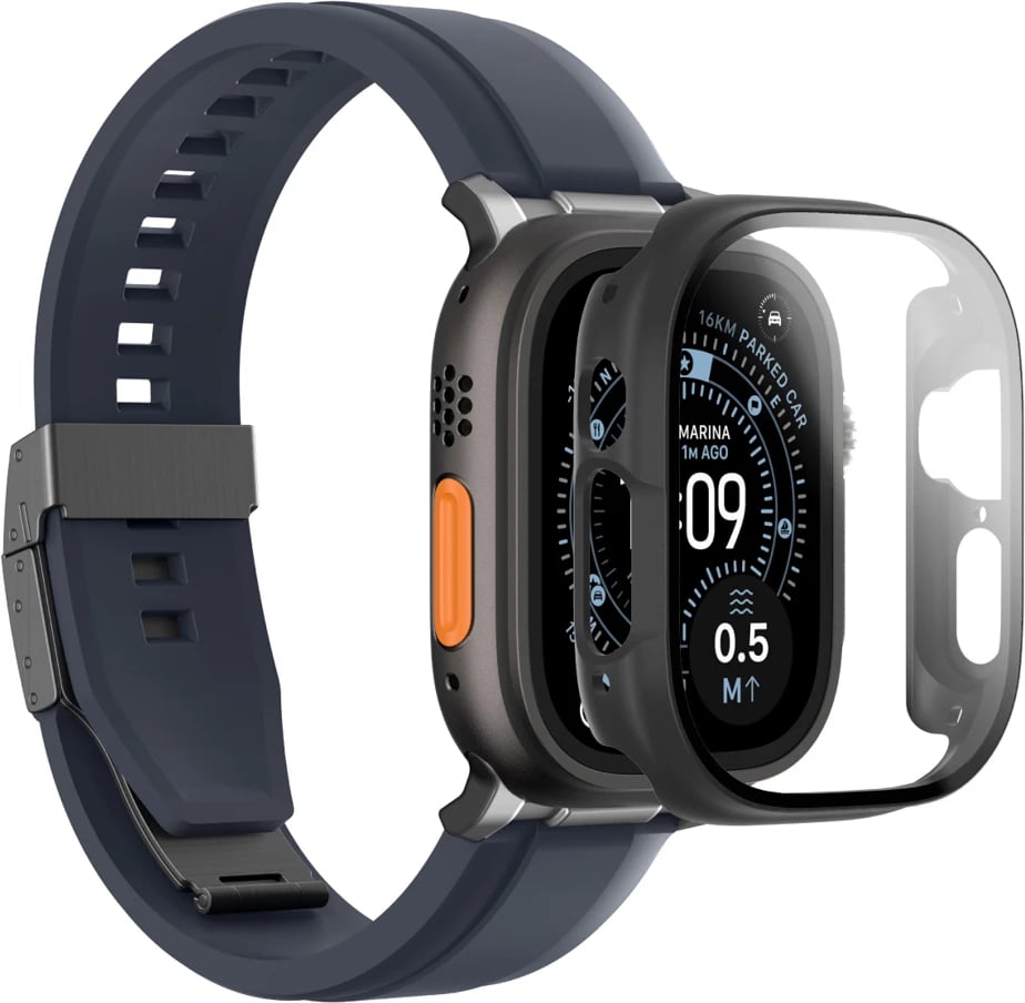 Mbrojtës xhami me kasë për smartwatch, AmazingThing Radix FullGuard, Apple Watch Ultra 3 49mm, xham 9H, kompatibil me karikim wireless, e zezë