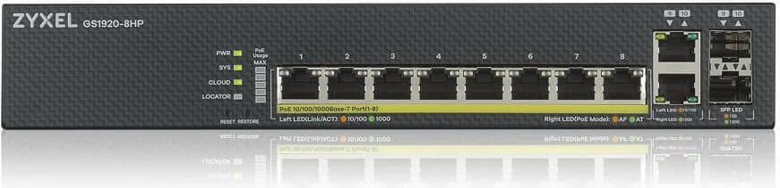 Switch Zyxel GS1920-8HPV2, Managed, Gigabit Ethernet, PoE, Wall mountable