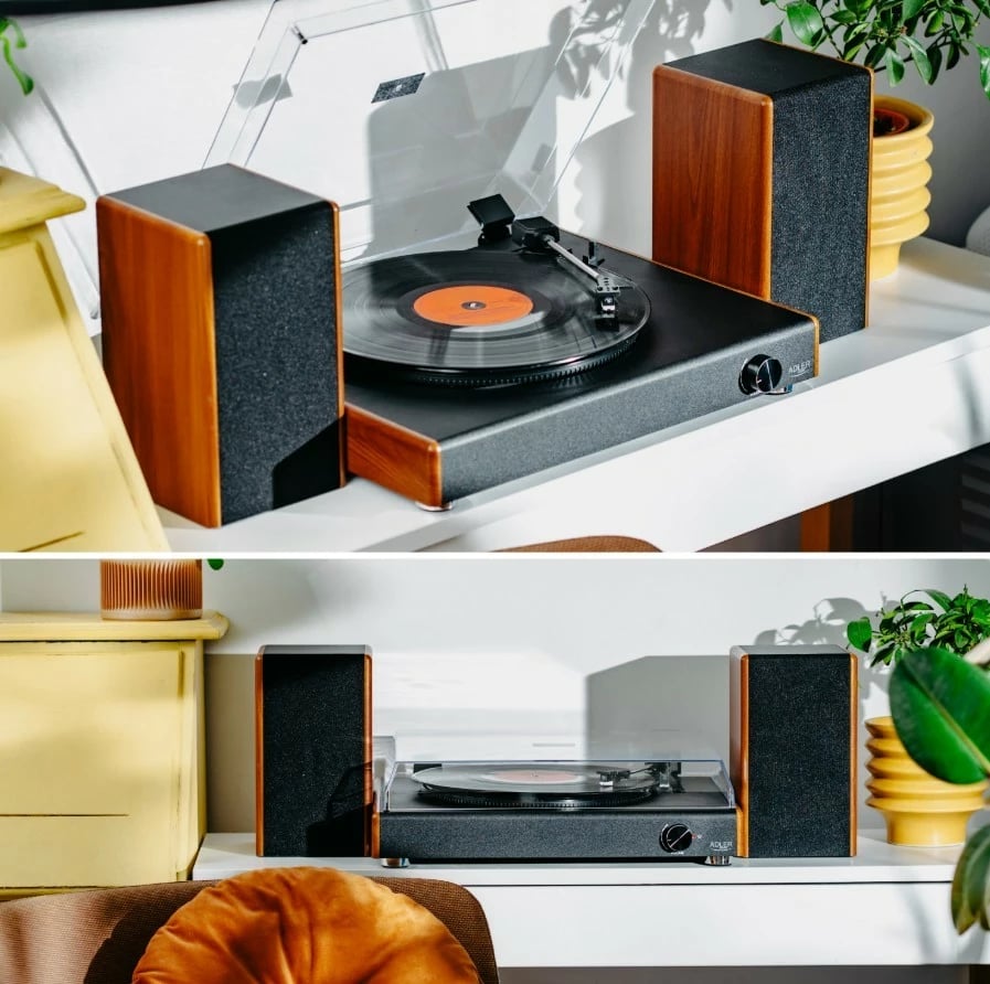 Gramofon Adler AD1915 me USB, Bluetooth, altoparlantë të integruar, i zi me pamje druri