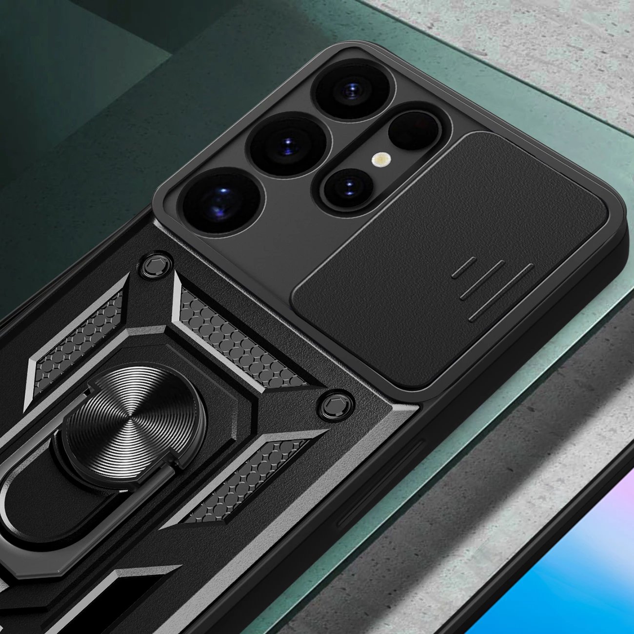 Mbështjellës Hurtel Hybrid Armor Camshield me kapak kamere dhe unazë metalike për Samsung Galaxy S25 Ultra, Zi