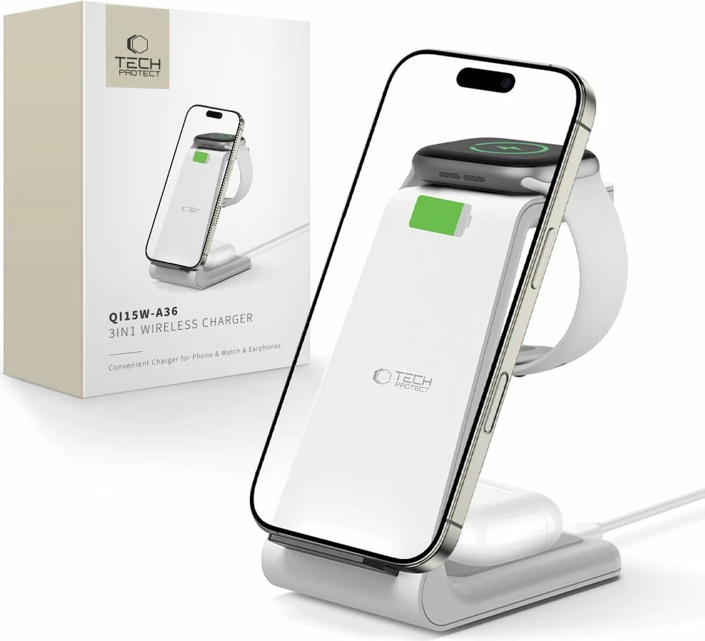 Stacion karikimi pa tela Tech-Protect QI15W-A36 3-në-1, për Apple, Bardhë