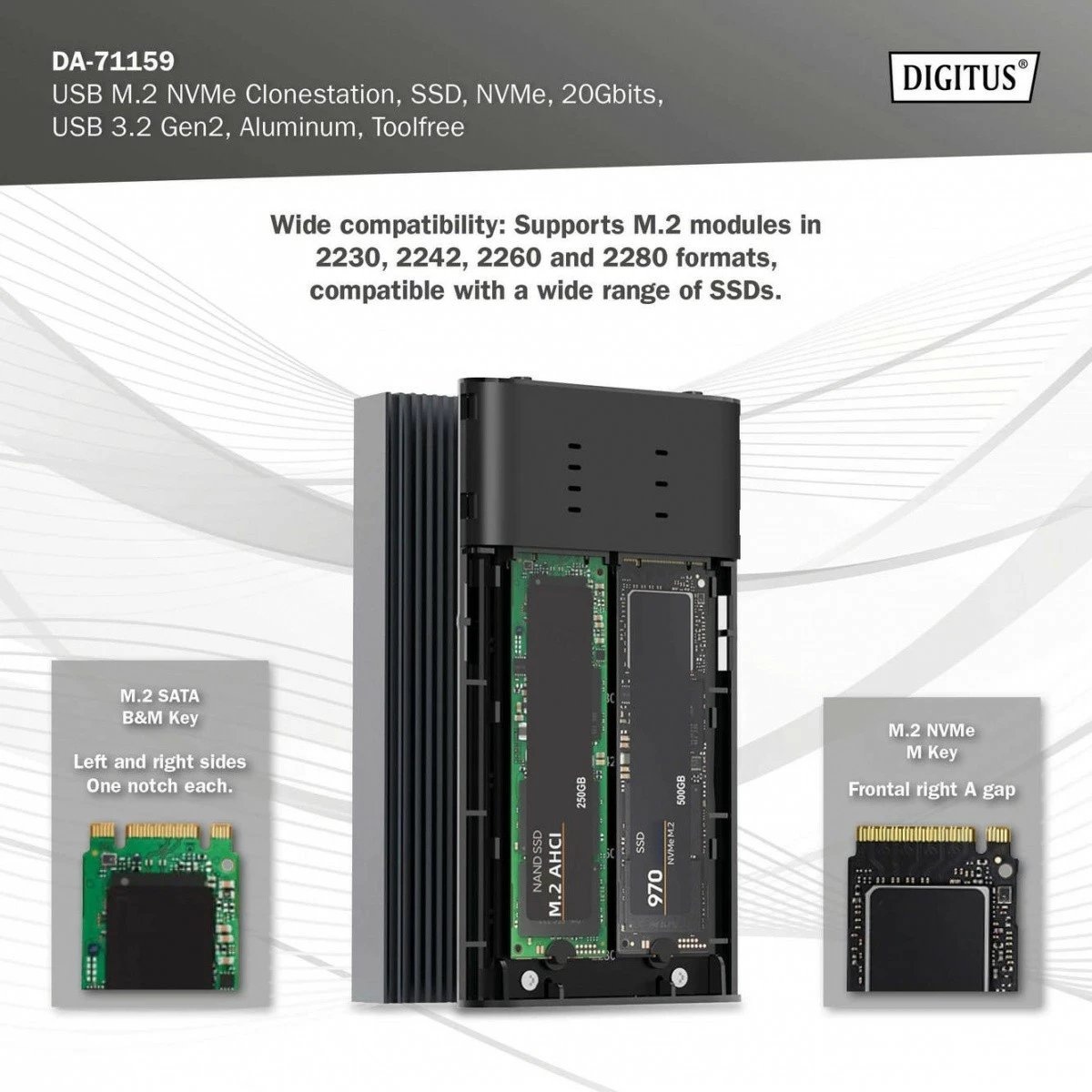 Kasë e jashtme Digitus DA-71559 për SSD M.2 NVMe, USB 3.2 Type-C, 20 Gb/s, Alumini, Gri