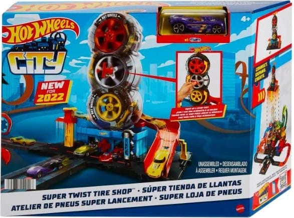 Set lodrash Hot Wheels City Super Twist Tire Shop, me një makinë, shumëngjyrësh