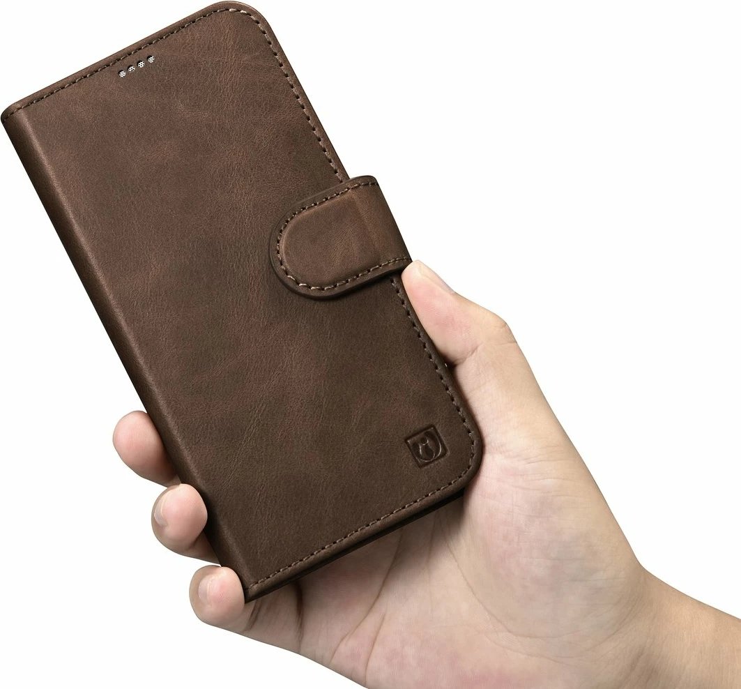 Mbështjellës iCarer Oil Wax Wallet 2in1 për iPhone 14, lëkurë natyrale, Anti-RFID, Kafe