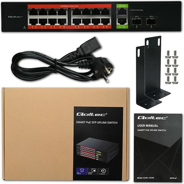 Switch PoE gigabit, Qoltec 52292, 16x RJ45 PoE 10/100, 2x RJ45 uplink 1000 Mbps, 2x SFP 1000 Mbps, unmanaged