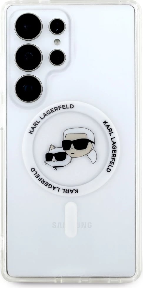 Mbështjellës Karl Lagerfeld Button Karl & Choupette Heads Printed Logo MagSafe për Samsung Galaxy S25 Ultra, Bardhë