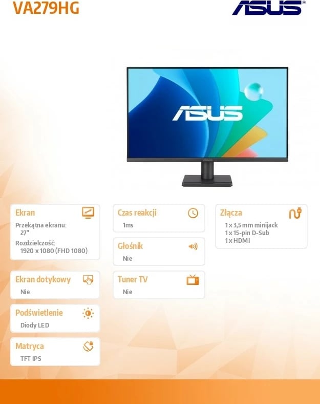 Monitor Asus VA279HG, 27", IPS, FHD, 120Hz, i zi