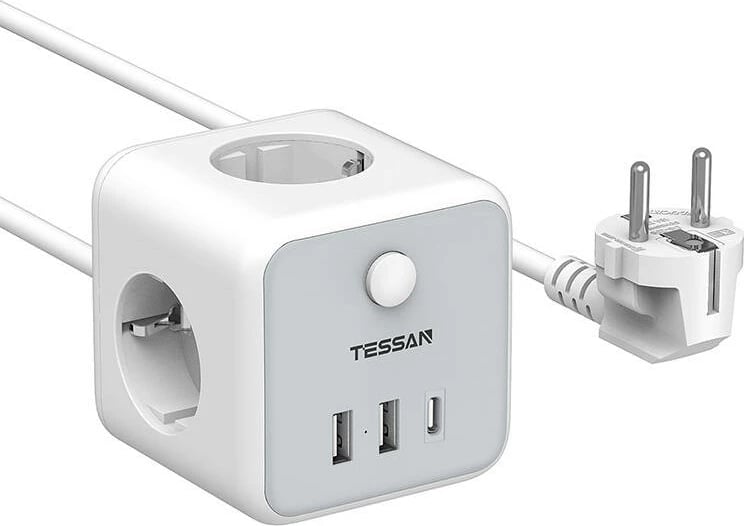 Kasë Tessan TS-301-C-GR, 3x AC, 3x USB-A, 2m, Bardhë