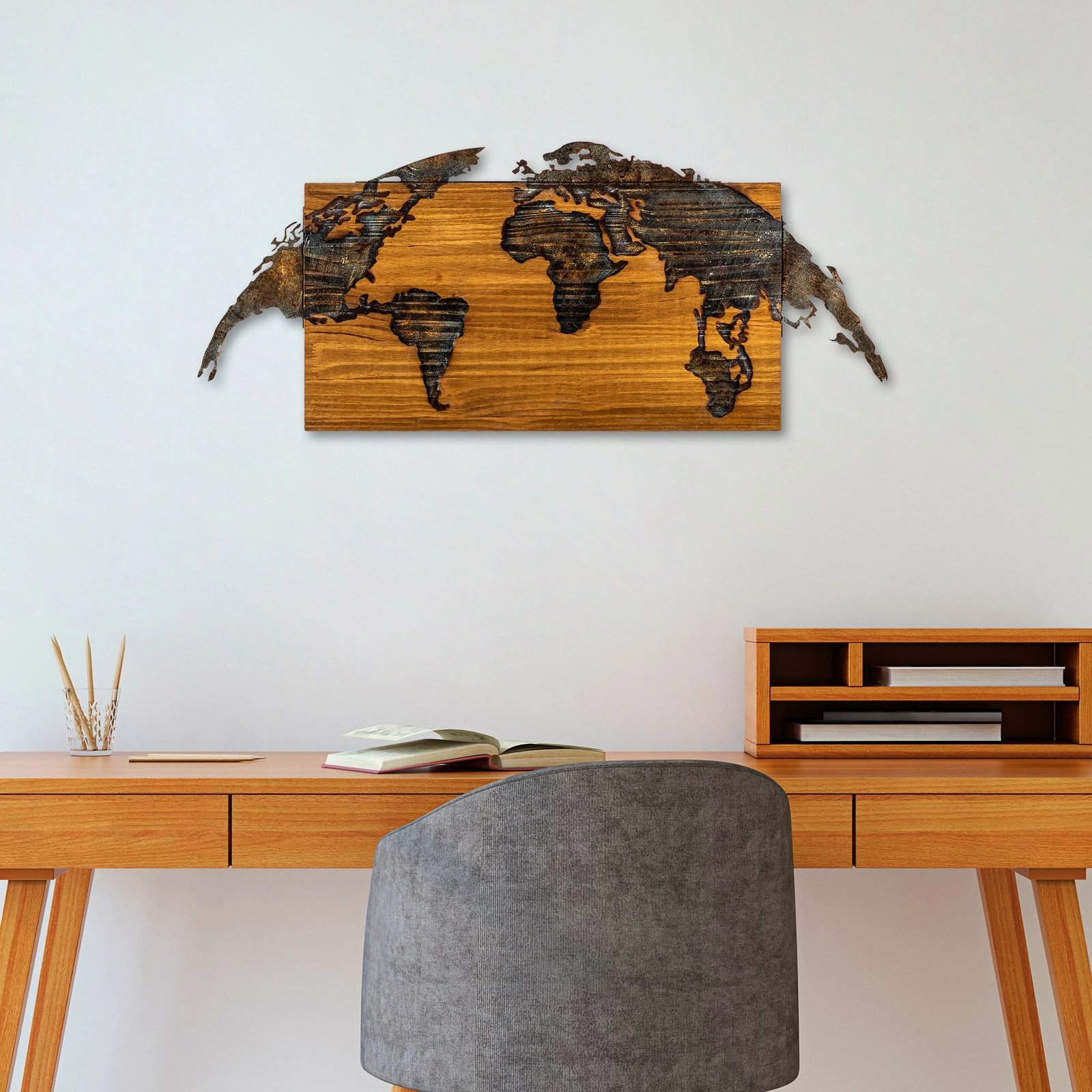 Aksesor dekorativ muri, hartë bote prej druri, Wallity