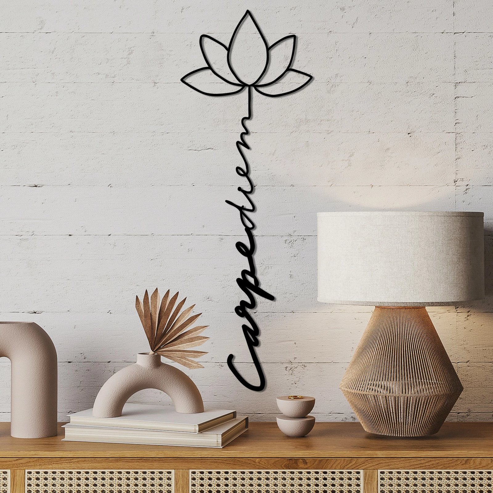 Aksesor dekorativ metalik për mur, Carpe Diem 4, ngjyrë e zezë, 21x60cm