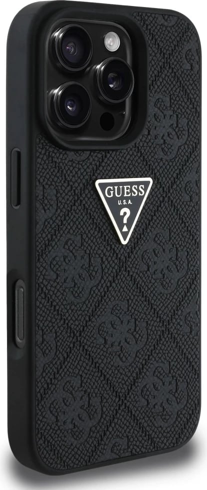Mbështjellës Guess Hot Stamp 4G Pattern Triangle Metal Logo për iPhone 16 Pro, i zi