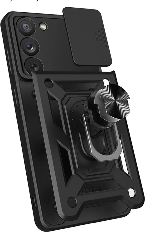 Mbështjellës Hurtel Hybrid Armor Camshield për Samsung Galaxy A54 5G, me kapak kamere, unazë 360°, pllakë magnetike, material TPU+PC, i zi