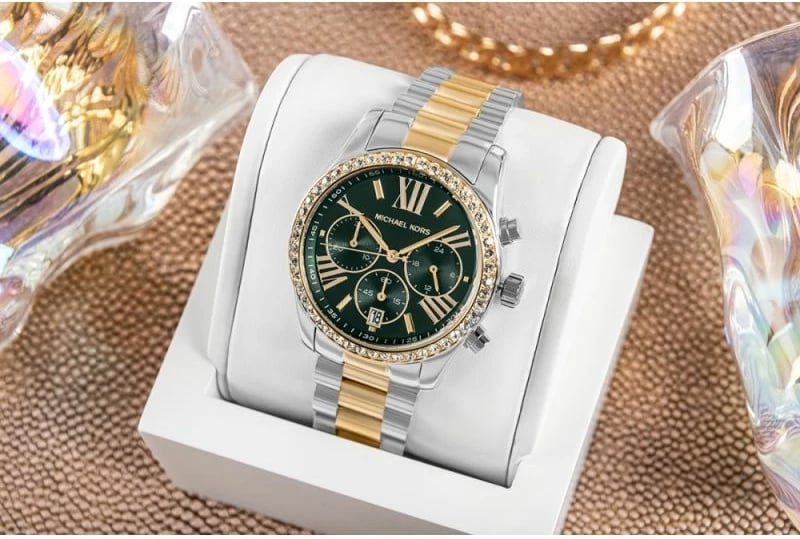 Orë dore për femra Michael Kors, argjendtë-ari me të gjelbërt